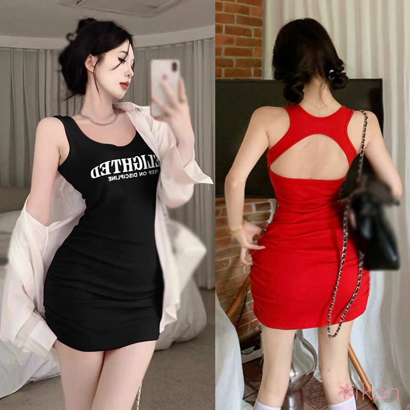 Váy body Cổ Chữ U Hở Lưng In Chữ Thời Trang Mùa Hè Cho Nữ