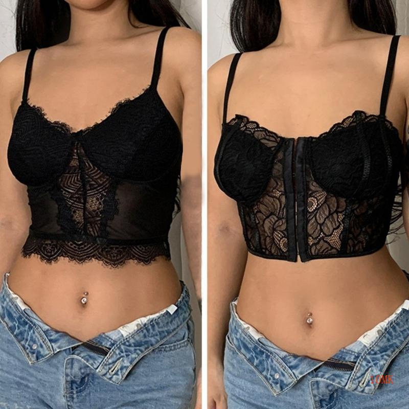 Áo Croptop Sát Nách Cổ Chữ V Phối Ren Hoa Quyến Rũ Cho Nữ