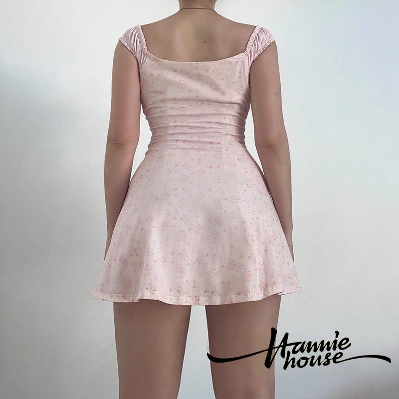 Đầm Hoa Cổ Vuông Xếp Ly Phong Cách Retro Nữ Tính