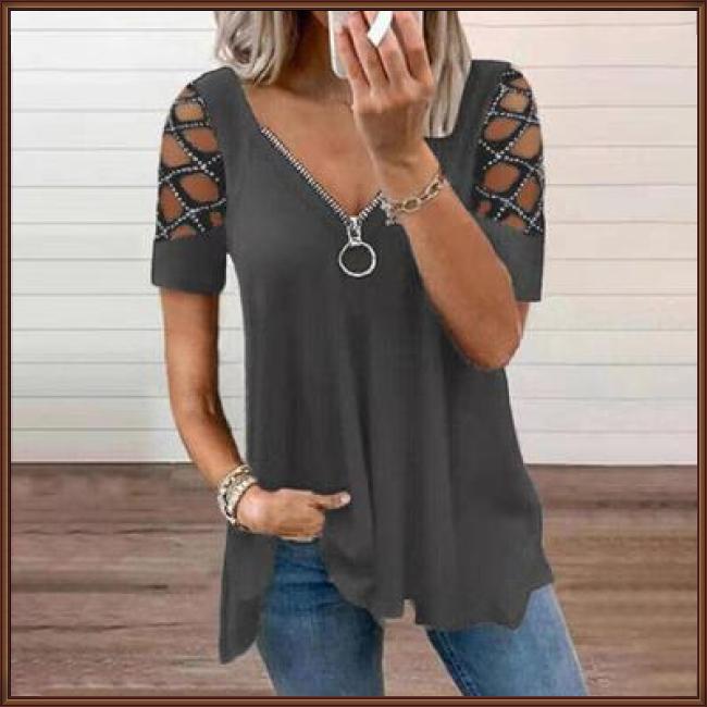 Áo Thun Tay Ngắn Cổ Chữ V Khoét Lỗ Màu Sắc Thời Trang Mùa Hè Cho Nữ