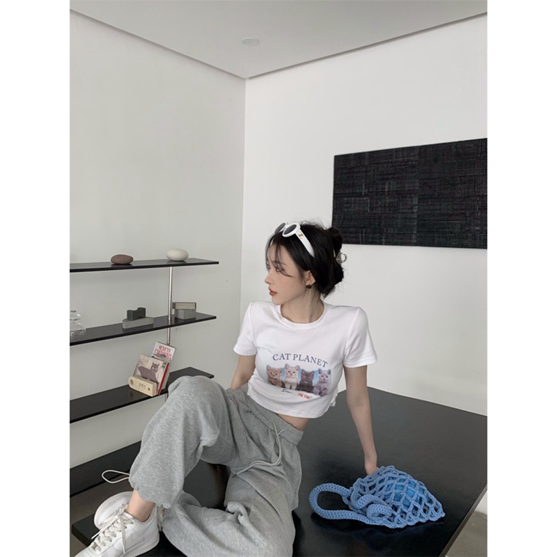 Áo Thun Tay Ngắn Dáng Ôm In Họa Tiết Mèo Thời Trang Mùa Hè Xinh Xắn Cho Nữ