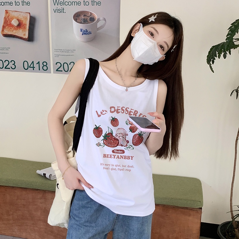 Áo Thun Sát Nách 100% Cotton Dáng Rộng In Họa Tiết Hoạt Hình Phong Cách Hàn Quốc Thời Trang Mùa Hè Cho Nữ