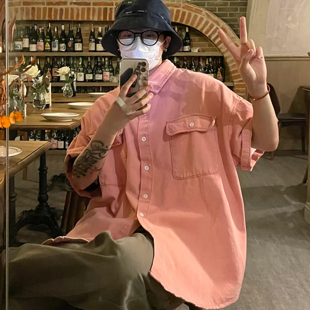 Áo Sơ Mi Denim Tay Ngắn Phong Cách Thời Trang Đường Phố Mới Cho Nam