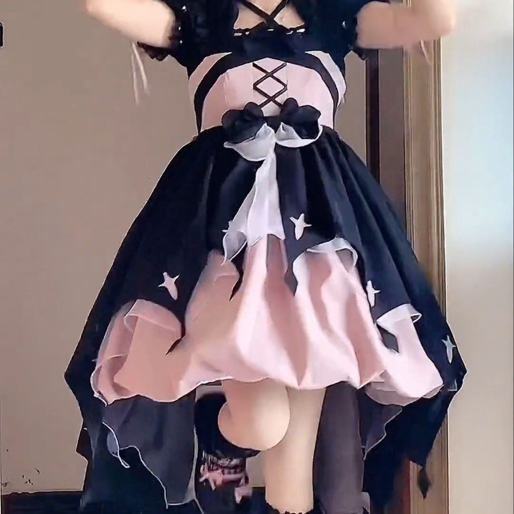 Hàng Có Sẵn Bộ Tạp Dề Tay Ngắn Màu Tím Đen Nhỏ Nhắn Phong Cách Lolita