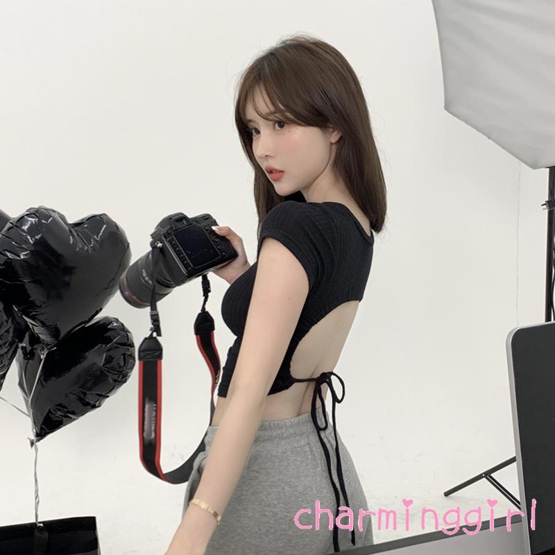 Áo Thun Crop Top Tay Ngắn Màu Trơn Hở Lưng Thời Trang Mùa Hè Cho Nữ