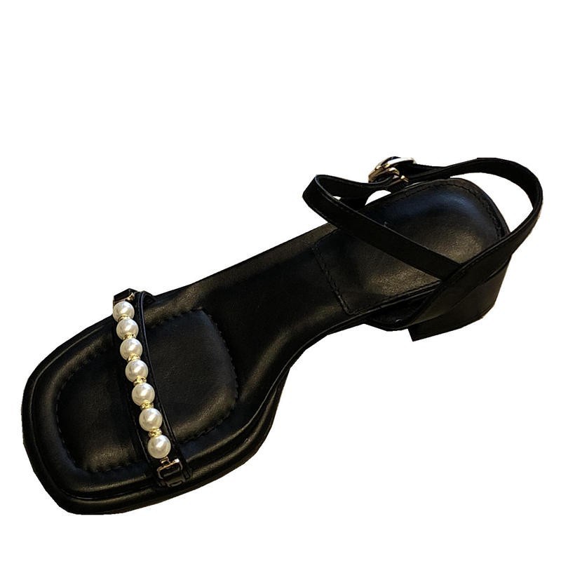 Duoya Tóc Thẳng ~ [Hàng Có Sẵn] Giày Sandal Hở Ngón Gót Dày Vừa Quai Đính Ngọc Trai Thời Trang Hàn Quốc Cho Nữ