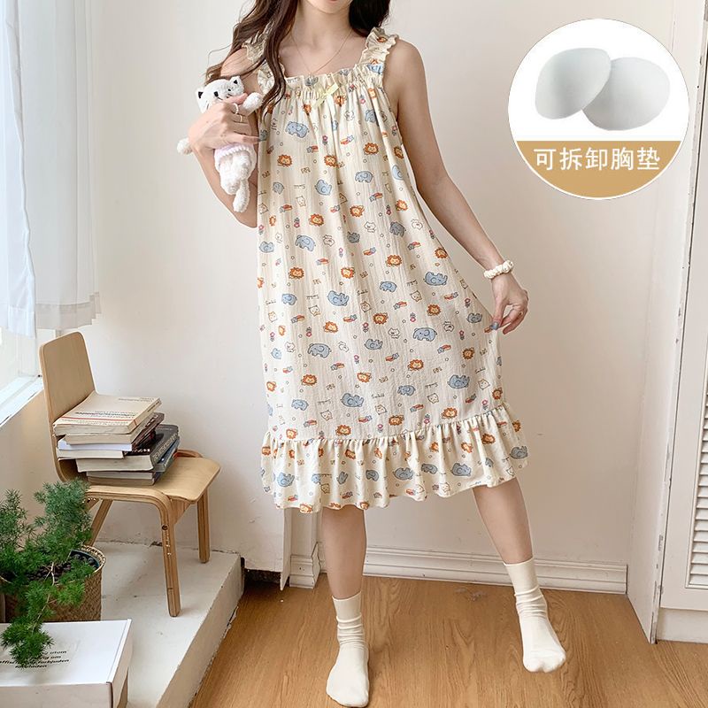 Bộ Đồ Ngủ Cotton Mỏng Màu Trơn Phong Cách Công Chúa Mùa Hè Hàn Quốc
