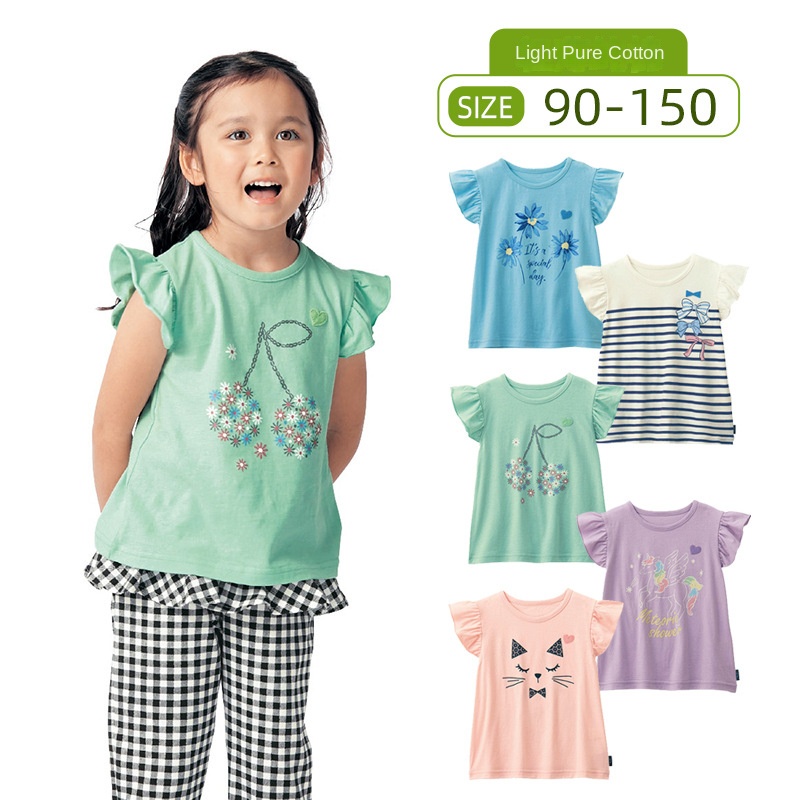 Áo Thun Cotton Tay Ngắn Phối Ren Phong Cách Nhật Bản Thời Trang Mùa Hè Cho Bé Gái 90-150 - 0619
