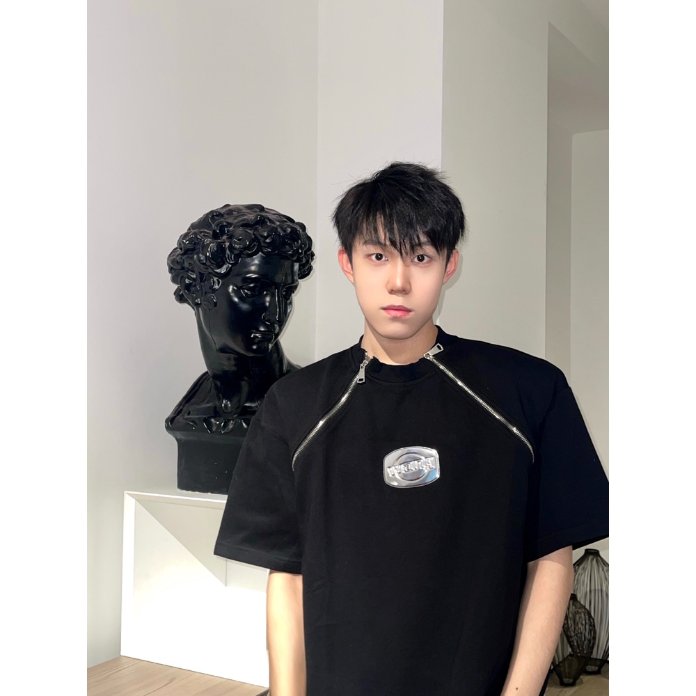 Áo Thun Ngắn Tay Cao Cấp Thiết Kế Khóa Kéo Đôi Phong Cách Hip Hop Đường Phố Mỹ Mùa Hè