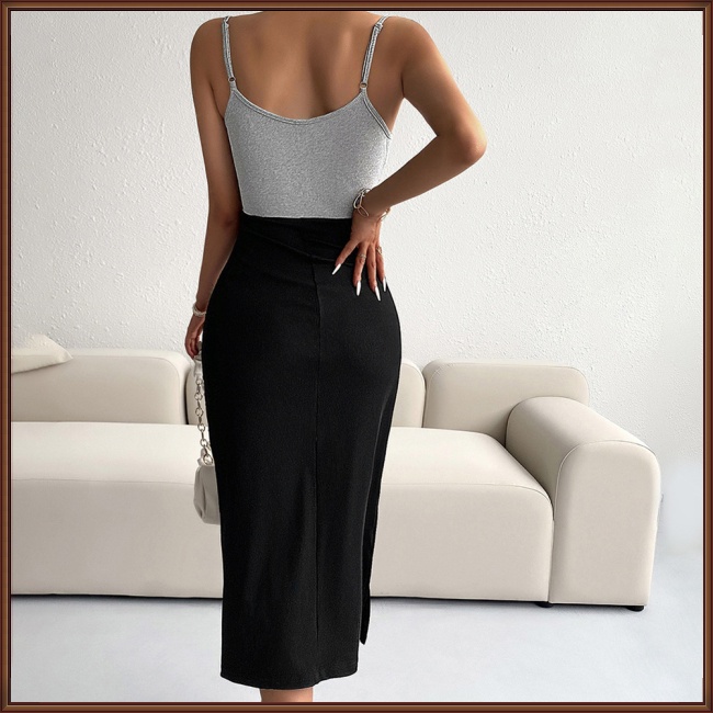 Đầm Lửng Không Tay Cổ Chữ V Lưng Cao Màu Sắc Tương Phản Thời Trang Mùa Hè Dành Cho Nữ