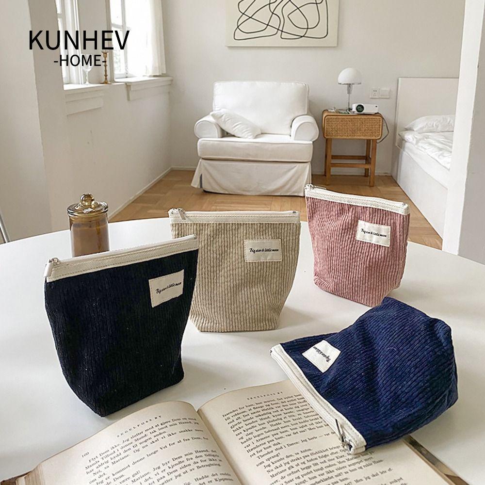 KUNHEV Túi Đựng Mỹ Phẩm Bằng Nhung Kẻ Thiết Kế Nhỏ Gọn Tiện Dụng