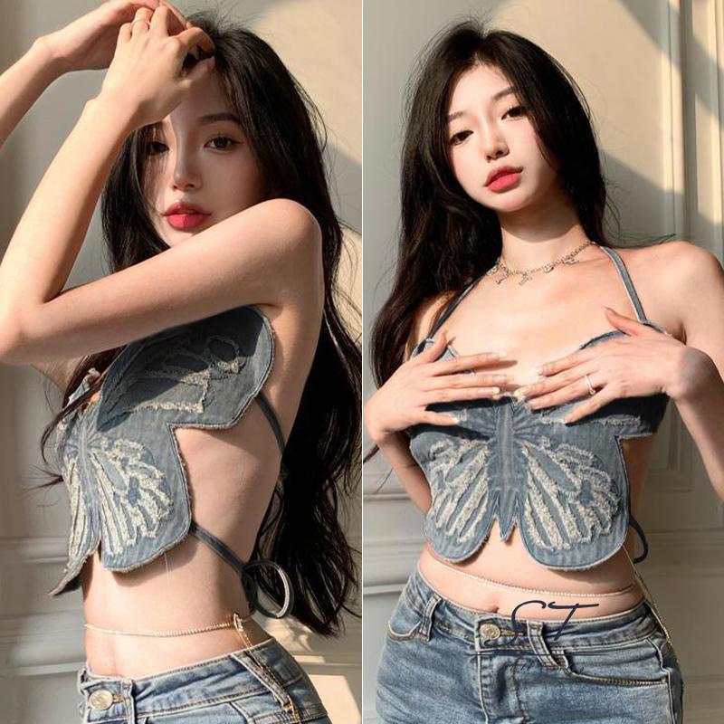 Áo Croptop Không Tay Hở Lưng Cột Dây Hình Bướm 3D Màu Xanh Dương CY03 Cho Nữ