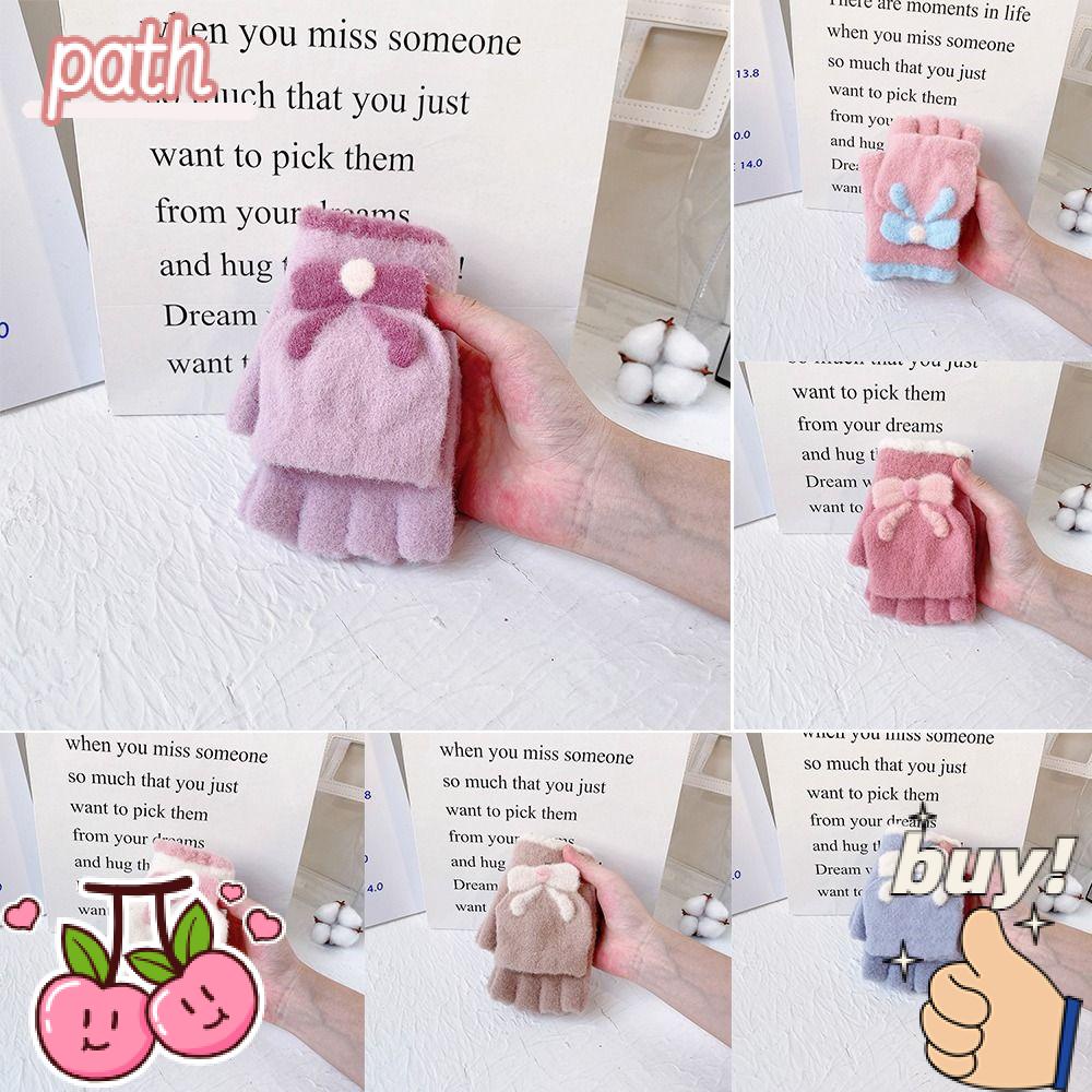 PATH Găng Tay Dệt Kim Hở Ngón Đính Nơ Giữ Ấm Có Thể Chạm Màn Hình Cảm Ứng