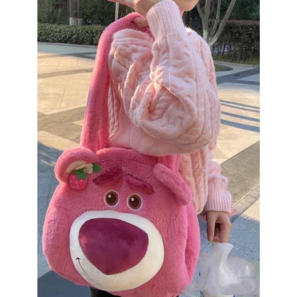 Túi Xách Đeo Vai Cỡ Lớn Phối Lông Kiểu Hoạt Hình Gấu Dâu Tây Nhật Bản