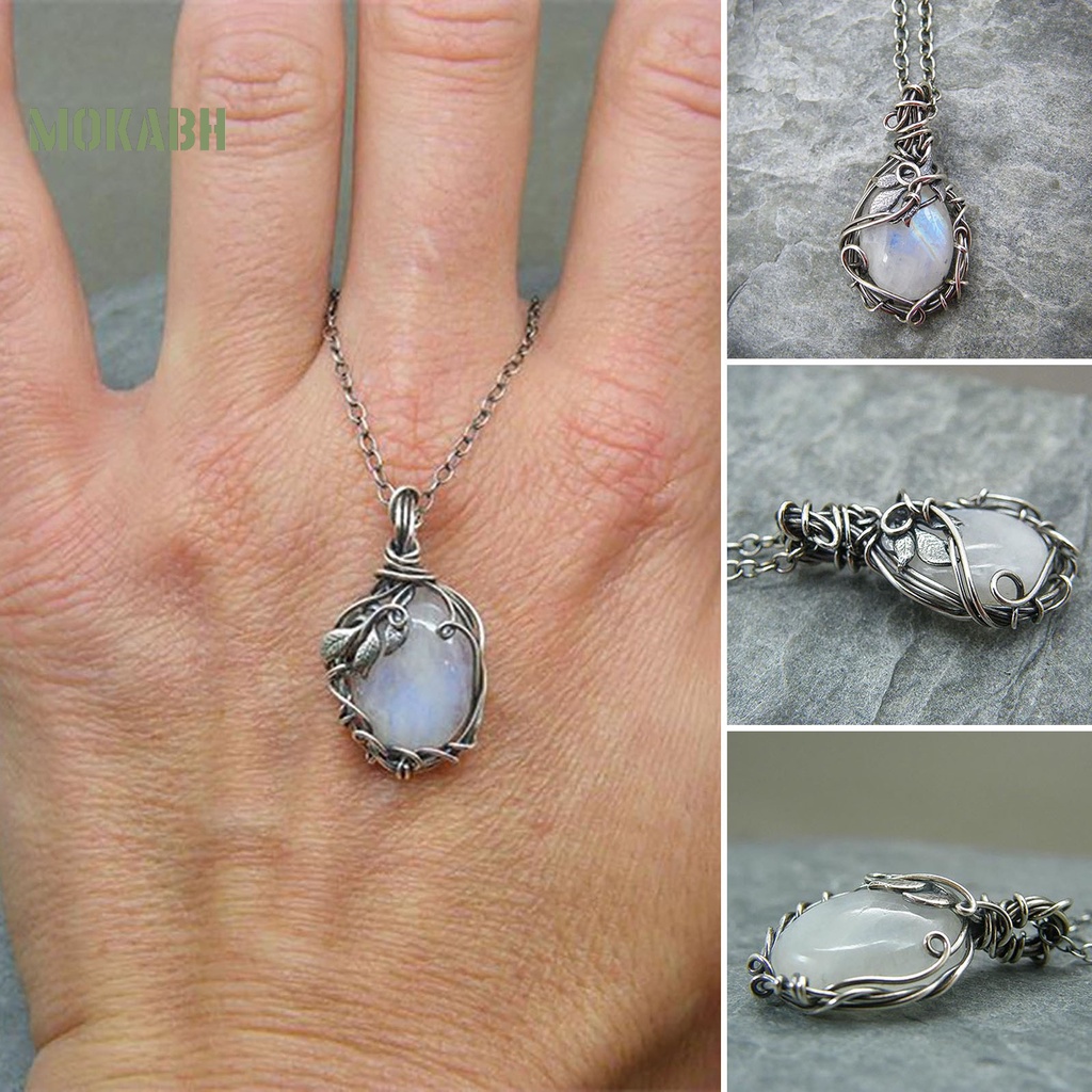 [Mok] Vòng cổ Mạ Bạc Mặt Đá Mặt Trăng Chất Lượng Cao Phong Cách Vintage Cho Nữ