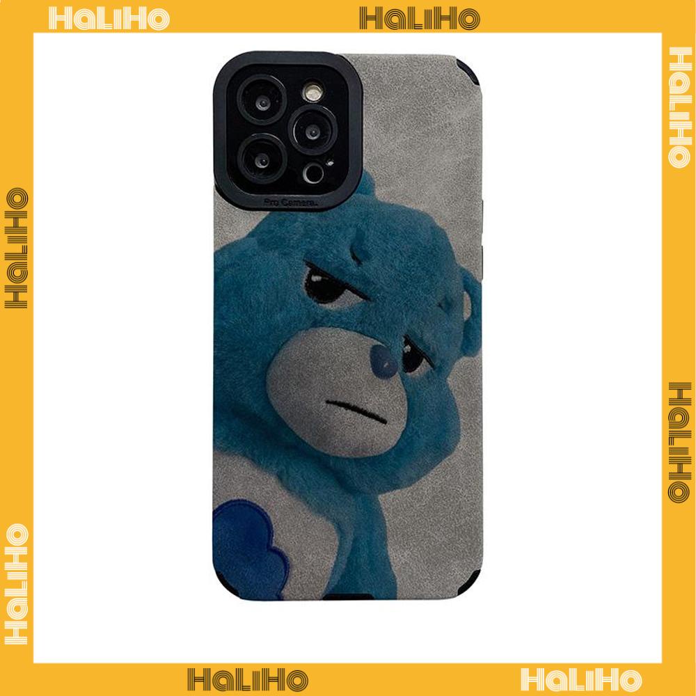 Ốp Lưng iPhone 11 Vỏ Da Veneer Màu Xám Vỏ Lông Học Trò Vỏ Mềm Chống Sốc Hình Gấu Xanh Dễ Thương Tương thích với iPhone 14 Pro max 13 Pro max 12 Pro Max XR XS 6Plus 7Plus 8Plus