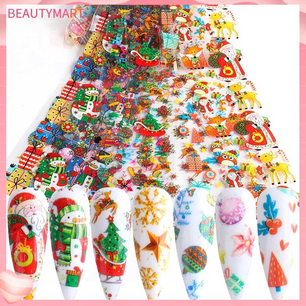 Set 10 Miếng Dán Móng Tay Hiệu Ứng 3D Nhiều Màu Sắc Phong Cách Giáng Sinh
