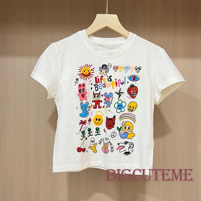 Áo Thun Croptop Tay Ngắn Cổ Tròn Dáng Ôm In Họa Tiết Hoạt Hình Thời Trang Đường Phố Cho Nữ