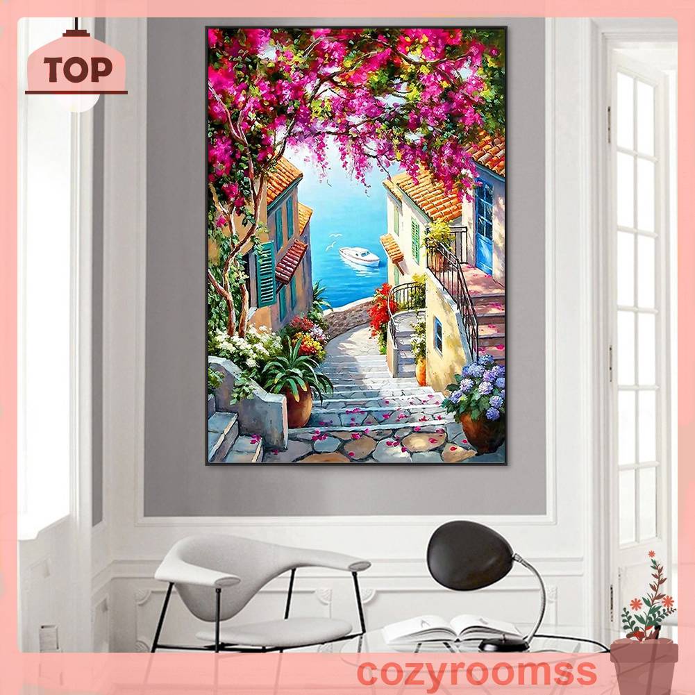 Tranh Đính Đá Kim Cương Toàn Bộ 5D DIY Hình Vẽ Ngôi Nhà Bên Biển