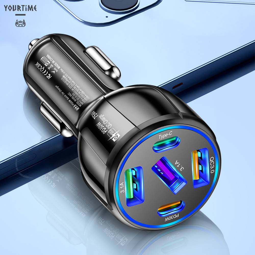 Bộ SạC ĐiệN ThoạI 5 CổNg 75W DC12-32V USB 3.1A Type-C USB QC3.0 PD30W Cho Xe Hơi