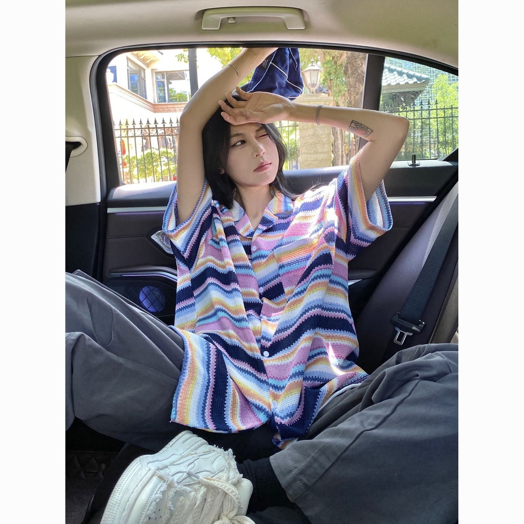 Áo Sơ Mi Dệt Kim Tay Ngắn Kẻ Sọc Màu Sắc Tương Phản Thời Trang Mùa Hè Cho Nam Và Nữ