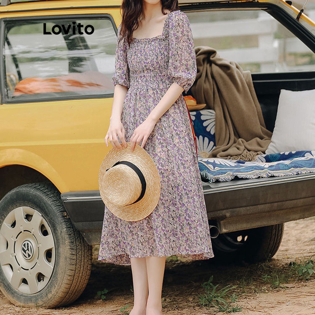 Lovito Váy midi chữ A có tay 3/4 thêu hoa phong cách Boho cho nữ LNE09090 (Nhiều Màu)