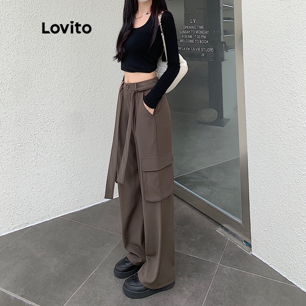 Lovito Quần dài thắt lưng đơn giản có túi thắt lưng dành cho nữ LNE09067 (Màu nâu)
