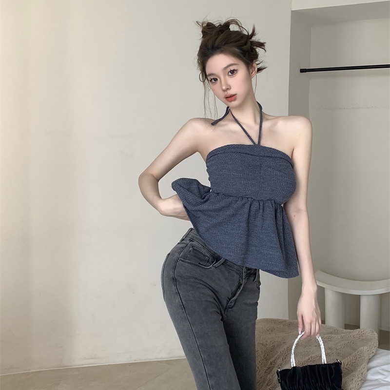 Áo Ngắn Hai Dây Hở Lưng Màu Xanh Dương Cho Nữ