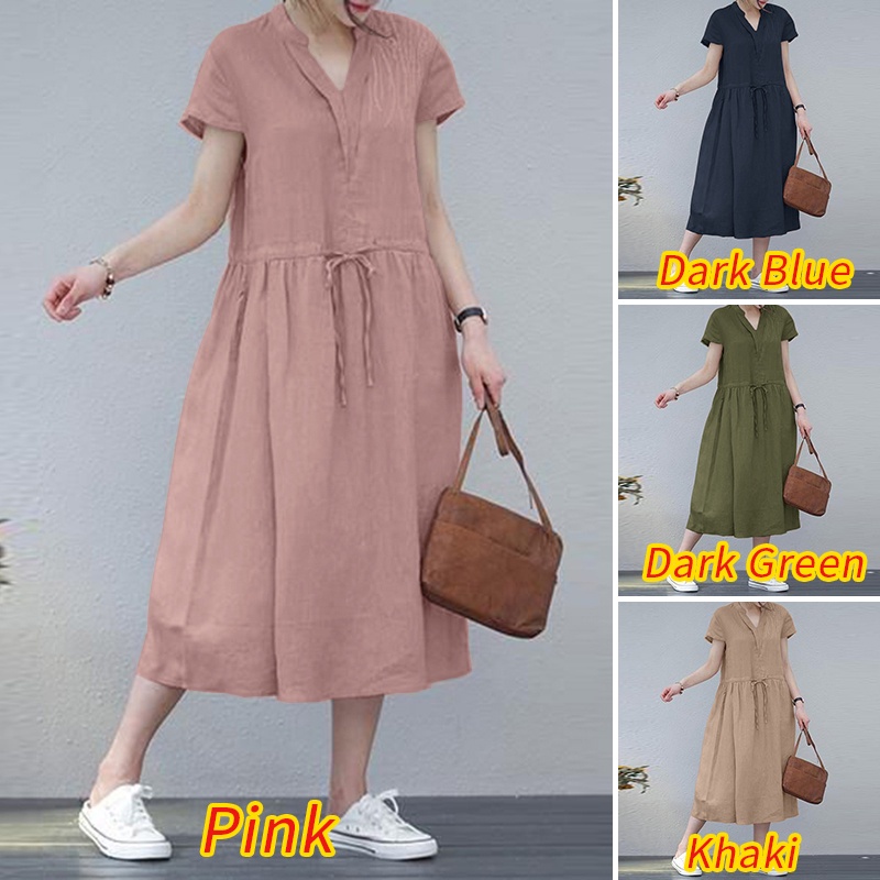 Zanzea Đầm Tay Ngắn Cổ Chữ V Rút Dây Eo Phong Cách Hàn Quốc Thời Trang Cho Nữ