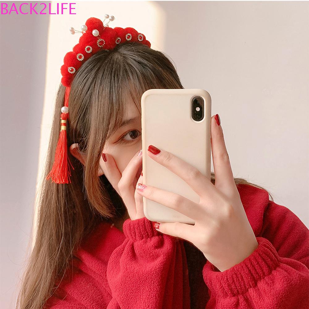 BACK2LIFE Băng Đô Cài Tóc Đính Tua Rua Màu Đỏ Phong Cách Retro