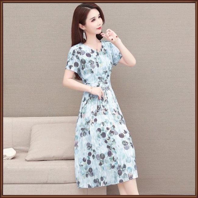 Đầm Midi Tay Ngắn Cổ Chữ V Họa Tiết Chấm Bi Thời Trang Mùa Hè Xinh Xắn Cho Nữ