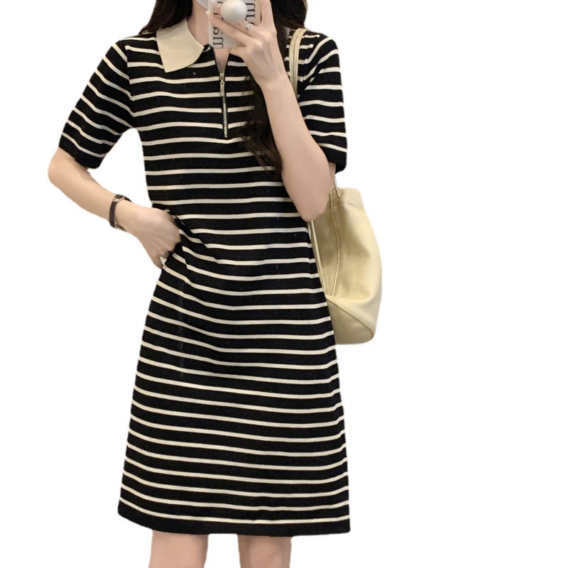 Đầm Ngắn Dệt Kim Dáng Rộng Cổ Polo Kẻ Sọc Kiểu Pháp Thời Trang Mùa Hè 2023 Cho Nữ