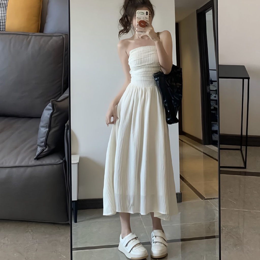 Váy Liền Vải Cao Cấp Váy Trắng Váy Dài Nữ Sinh Dễ Phối Phong Cách Nhẹ Nhàng
