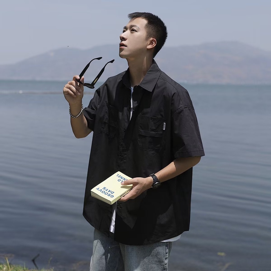 Áo Sơ Mi Tay Ngắn Màu Trơn Đơn Giản Phong Cách Đường Phố Mỹ Nhật Bản Thời Trang Mùa Hè Mới Cho Nam