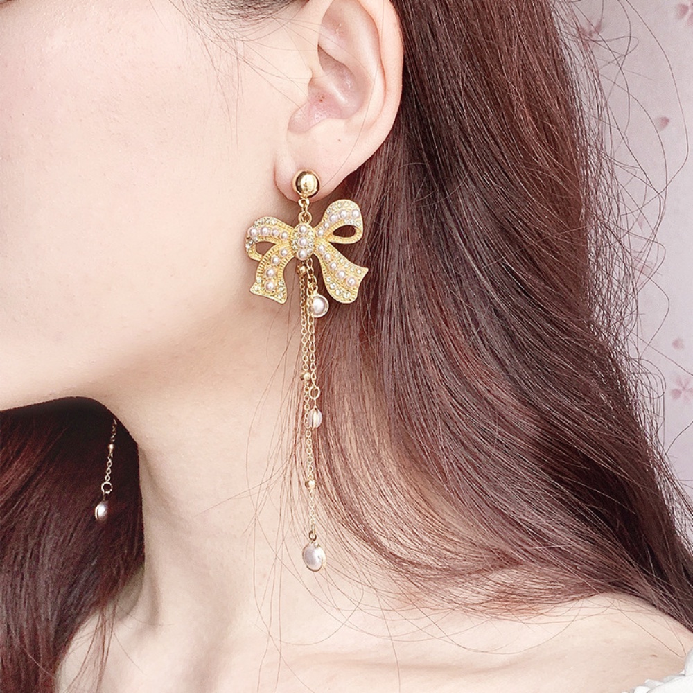 Khuyên Tai Tua Rua Đính Nơ Và Ngọc Trai Nhân Tạo Phong Cách Vintage Hàn Quốc Sang Trọng Thời Trang