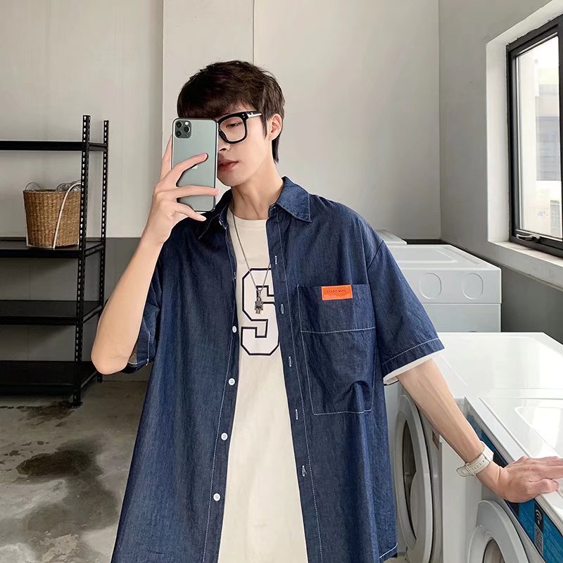 Áo Sơ Mi Denim Tay Ngắn Dáng Rộng Phong Cách Nhật Bản Thời Trang Mùa Hè Mới Cho Nam