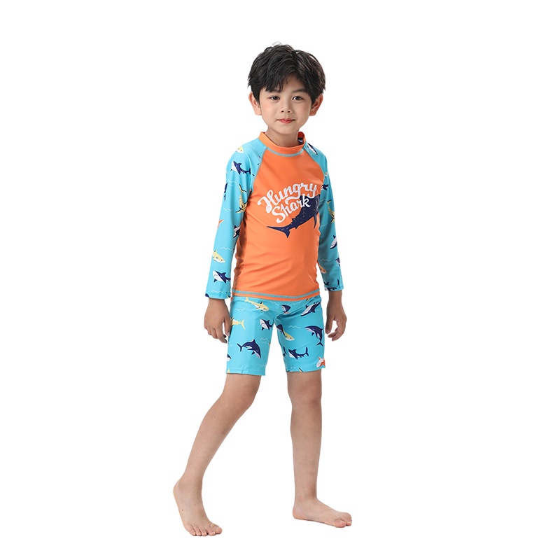 Đồ bơi bé trai họa tiết Cá Mập tay dài kèm nón chống nắng có size cho bé từ 10kg đến 40kg