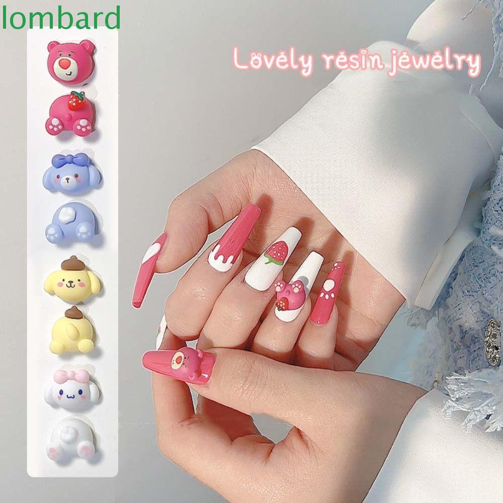 LOMBARD Phụ Kiện Trang Trí Móng Tay Họa Tiết Gấu Và Dâu Hoạt Hình Dễ Thương