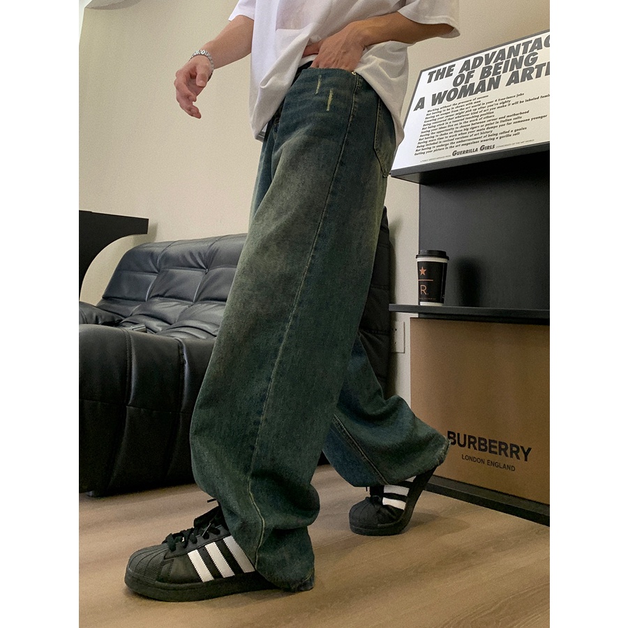 Hàng Mới Về Mới Quần Jean Ống Rộng Màu Xanh Dương Đậm Phong Cách Retro Đường Phố Mỹ Cho Nam Và Nữ