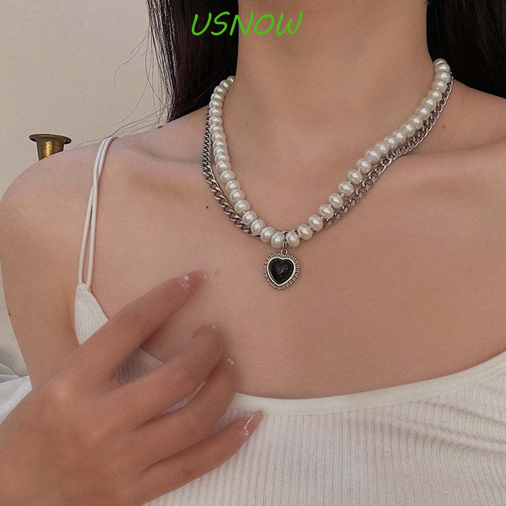 USNOW Dây Chuyền Hai Lớp Mặt Trái Tim Màu Đen Phong Cách Hip Hop Thời Trang Cho Nữ