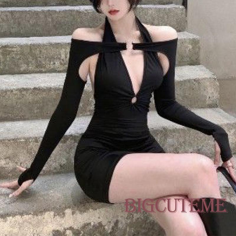 [] Đầm Ngắn - Đầm Ôm + Đầm Tay Dài Cổ Chữ V Hở Lưng Màu Trơn Buộc Dây Thời Trang Mùa Hè Cho Nữ