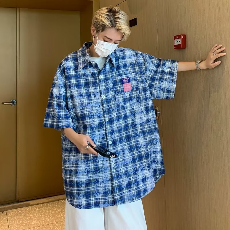 Áo Sơ Mi Tay Ngắn Dáng Rộng Họa Tiết Kẻ Sọc Phong Cách Đường Phố Mỹ Thời Trang Mùa Hè Cho Nam