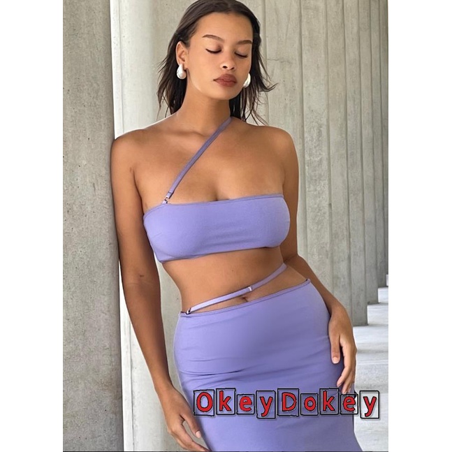 Set Đồ Mùa Hè 2 Món Gồm Áo Ống Màu Trơn Và Chân Váy Dài Xẻ Tà Lưng Cao Cho Nữ