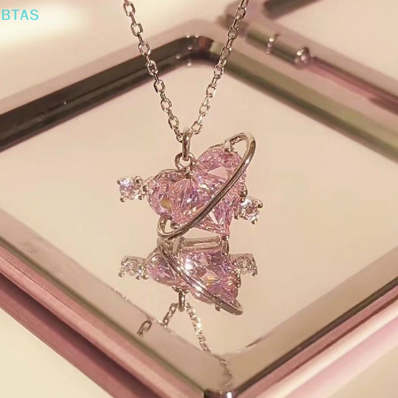 Vòng cổ Mặt Hình Trái Tim Hành Tinh Đính Đá Zircon Màu Hồng Thời Trang Cho Nữ