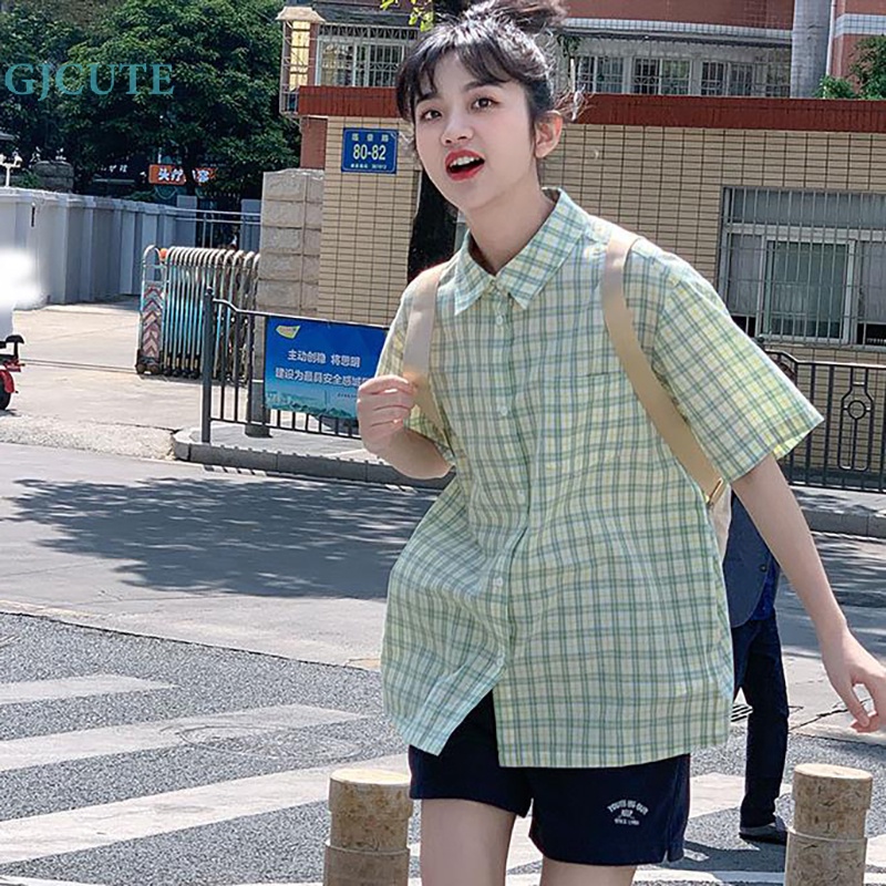 Áo Sơ Mi Ngắn Tay Họa Tiết Caro Ngọt Ngào Thời Trang Mùa Hè Cho Nữ