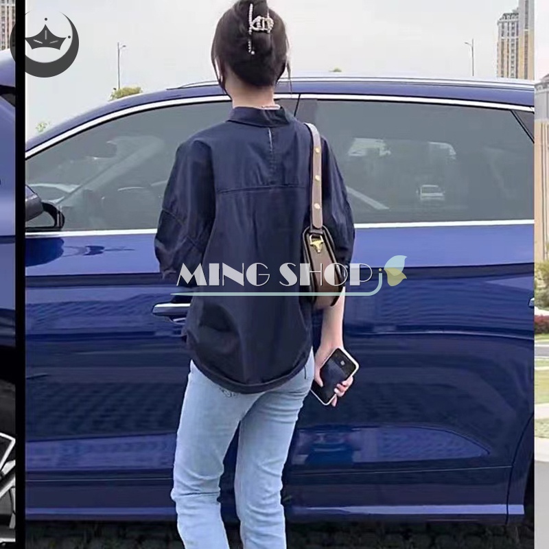 Áo Sơ Mi Dài Tay Dáng Rộng Màu Trơn Thiết Kế Bất Đối Xứng Thời Trang Cho Nữ