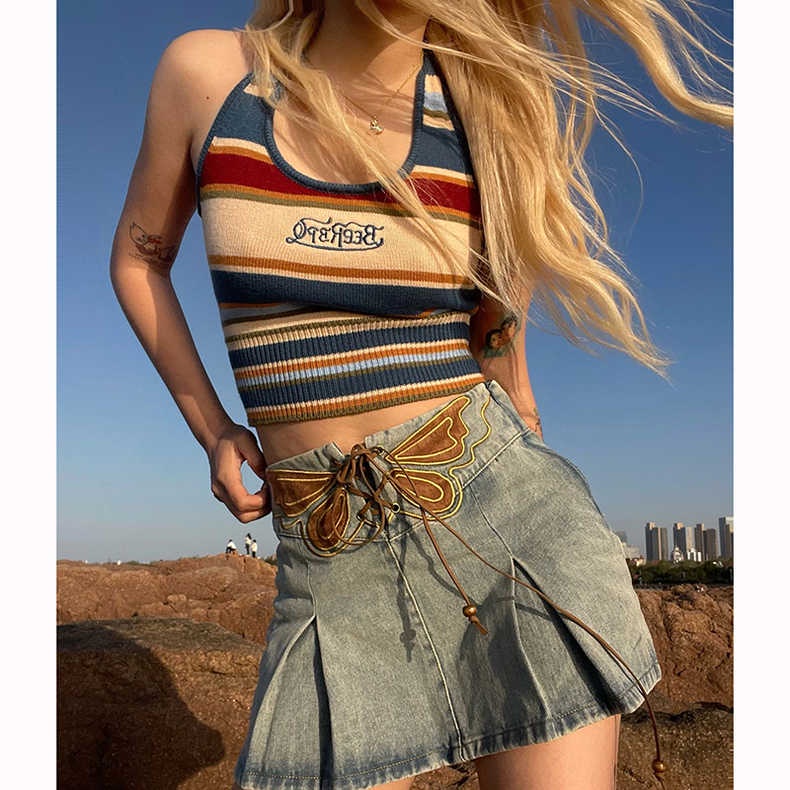 SUXI Áo Dệt Kim Sát Nách Kẻ Sọc Nhiều Màu Quyến Rũ Thời Trang Mùa Hè Cho Nữ