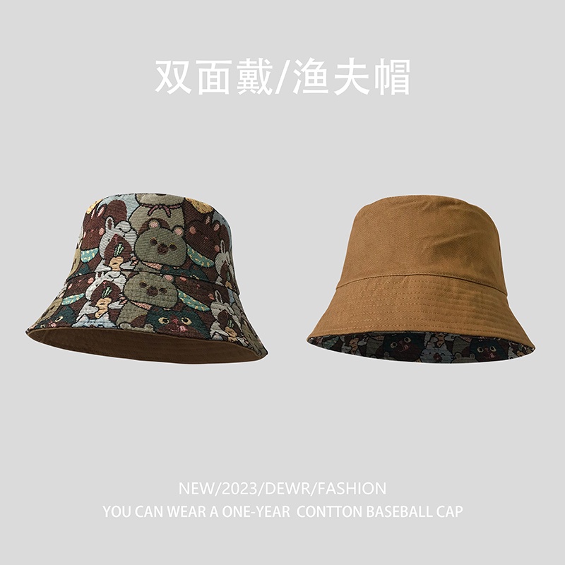 Nón Tai Bèo Hai Mặt Họa Tiết Gấu Hoạt Hình Dễ Phối Đồ Thời Trang Xuân Thu Cho Nữ