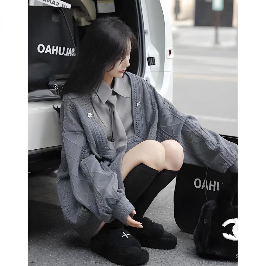 Áo sweater giả hai lớp tay phồng thời trang nữ mùa xuân