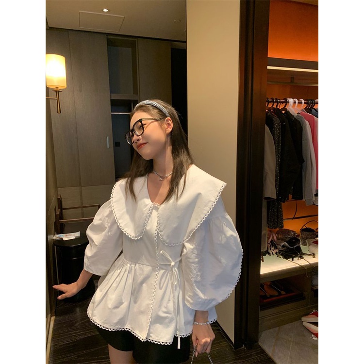 [Hàng Có Sẵn] Áo Sơ Mi Trắng Dài Tay Cổ Búp Bê Đơn Giản Mới